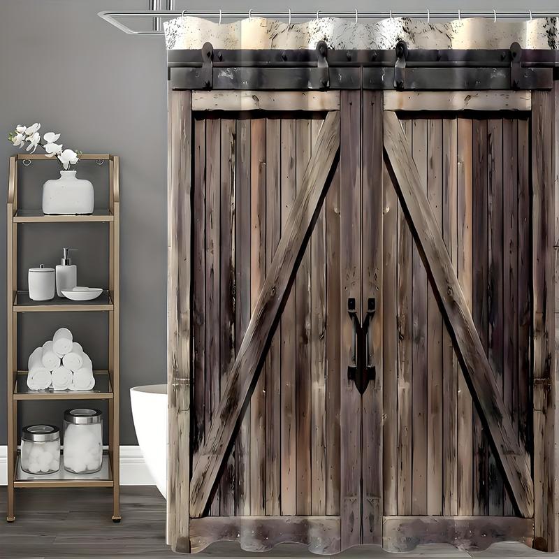 1pc Rustic Western Shower Curtain - Waterproof, Dark Brown Wooden Barn Door Design, Machine Washable, Woven Polyester Fabric with Plastic Hooks - Perfect for Bathroom Home Decoration and Adding a Touch of Country Charm