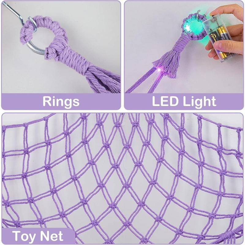 Stuffed  Net or Hammock with LED Light, Hanging Stuffed  Storage  Hammock Net Corner Wall Girls Room Decor  Storage Organizer, Purple, L