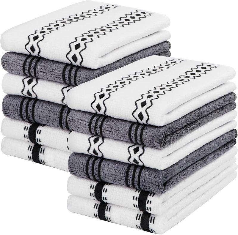 Kitchen Towels, 12 Pack Dish Towels for Kitchen, Ultra Soft and Super Absorbent Dish Towels for Washing Dishes, Quick Drying Dish Rags Dish Cloths (White Grey) Cleaning Household Set Microfiber Traditional