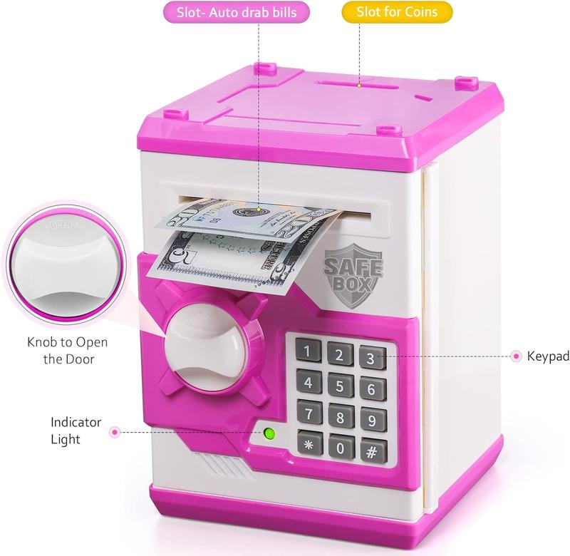 ATM Piggy Bank for Boys Girls,  Mini ATM Coin Bank Money Saving Box with Password, Kids Safe Money Jar for Adults with Auto Grab Bill Slot, Great Gift Toy Bank for Kids (Purple+White)