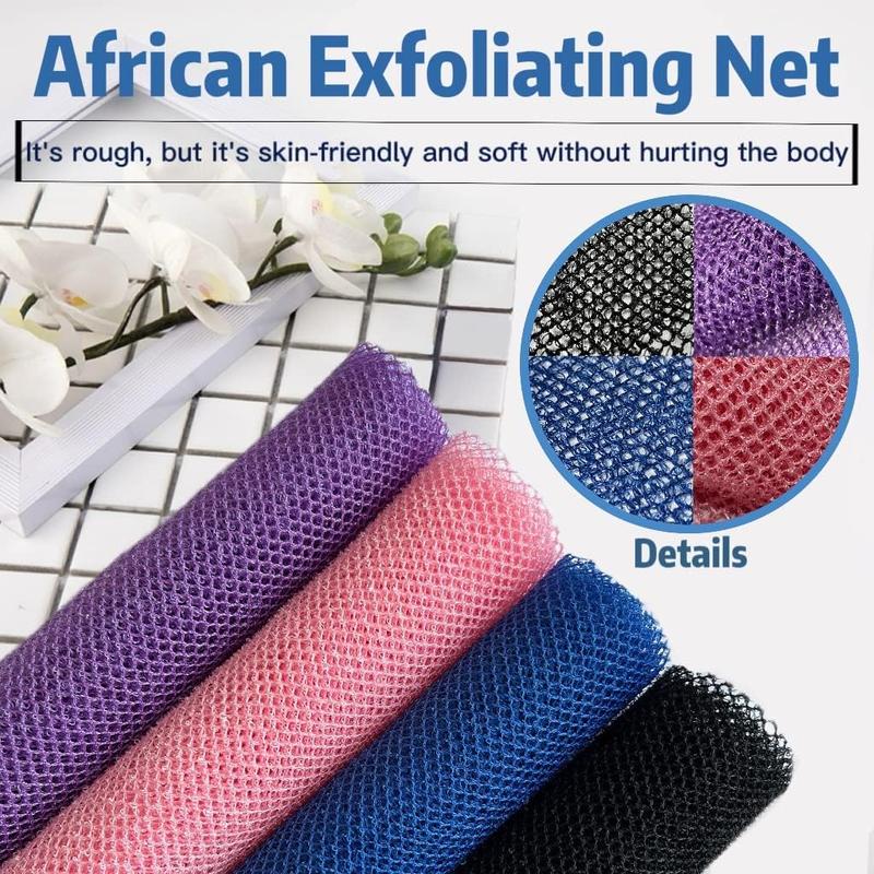 African Exfoliating Net, Set of 4 Nylon Bath Sponges, Long African Net Shower Scrubber, Body Scrubbing Sponge