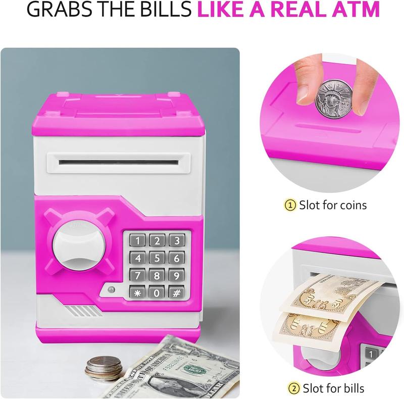 ATM Piggy Bank for Boys Girls,  Mini ATM Coin Bank Money Saving Box with Password, Kids Safe Money Jar for Adults with Auto Grab Bill Slot, Great Gift Toy Bank for Kids (Purple+White)