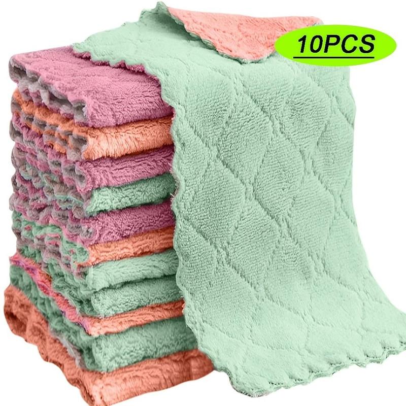 10pcs Random Color Coral Fleece Dishwashing Cloth, Reusable Cleaning Towel, Thicken Dishcloth For Kitchen