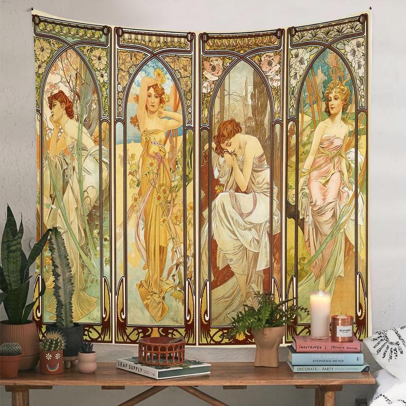 Vintage Art Style Ladies Pattern Tapestry, 1 Count Aesthetic Wall Hanging Blanket, Wall Art Decor for Home Living Room Bedroom School Gallery