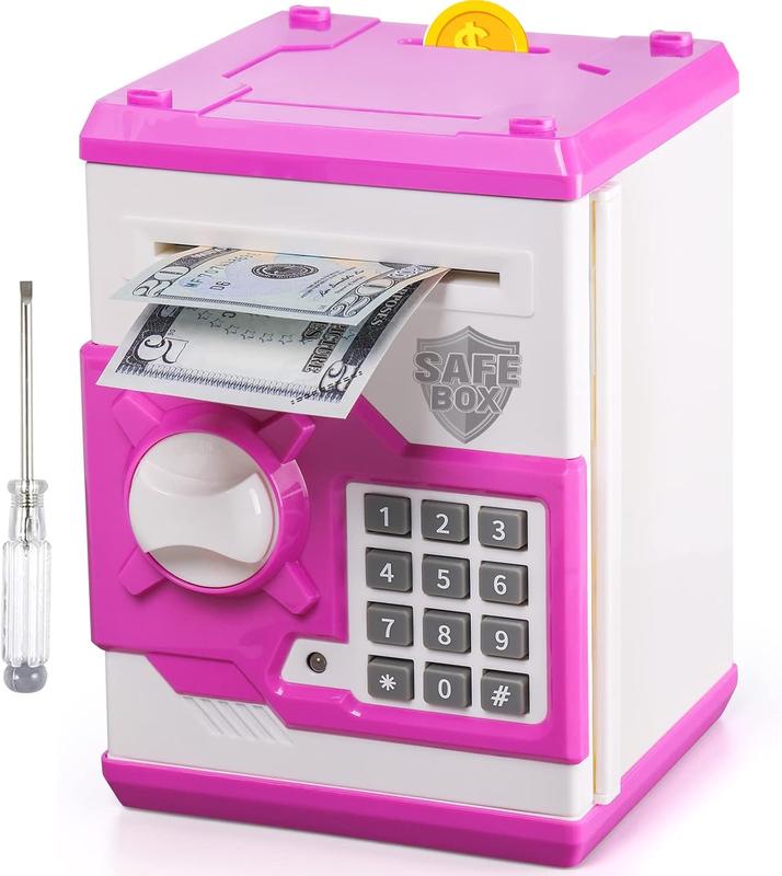 ATM Piggy Bank for Boys Girls,  Mini ATM Coin Bank Money Saving Box with Password, Kids Safe Money Jar for Adults with Auto Grab Bill Slot, Great Gift Toy Bank for Kids (Purple+White)