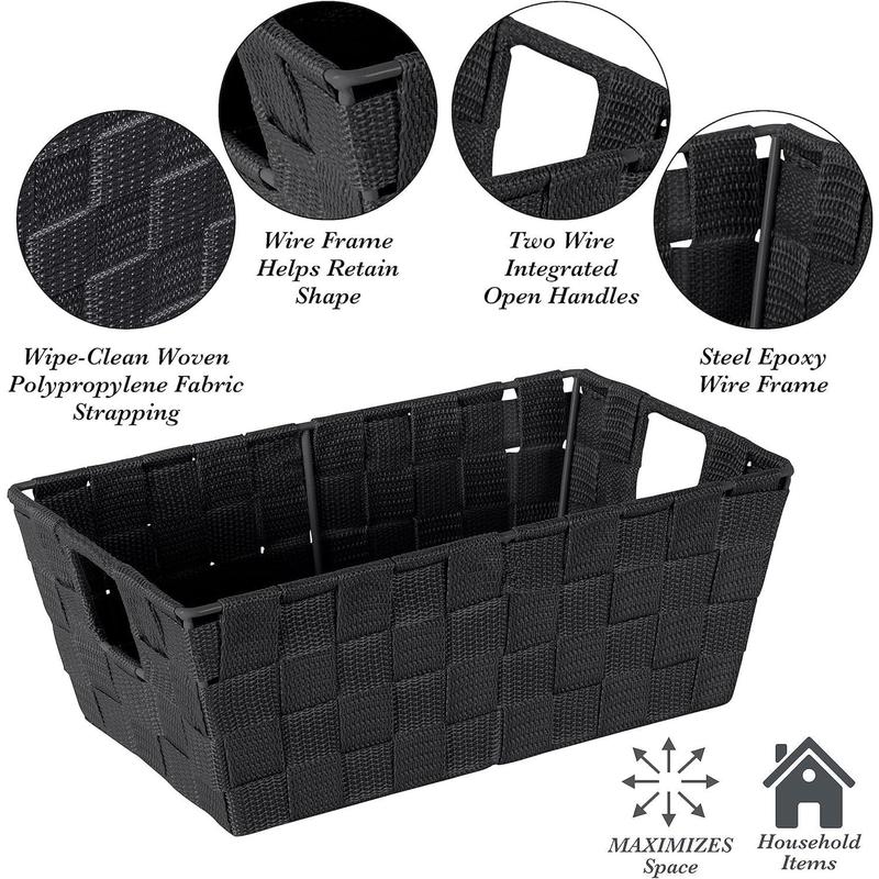 Small Shelf Woven Strap Tote | Decorative Storage Basket | Built in Handles | Organization | Closet | Bedroom | Bathroom | Nursery | Accessories | Toys | Gifts | 1 Pack | Black