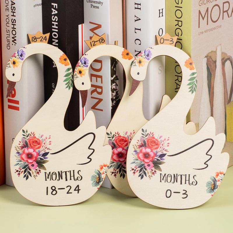 Wooden Swan & Flower Pattern Hanger (7counts set), Cartoon Swan Shaped Baby Clothes Separator, Home Organizer for Baby Wardrobe