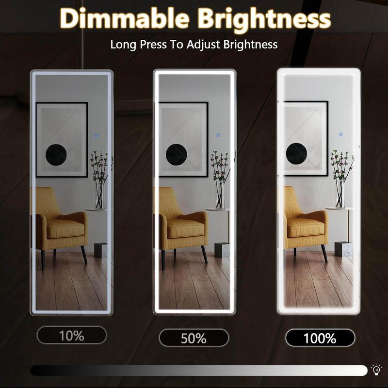 PINKUU LED Full Long Mirror with 3 Color Modes Dimmable Lights Standing Mirror, Wall Mounted Hanging Mirror, For Home Bedroom and Living Room, 64