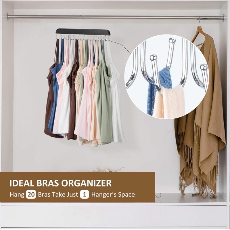 Bra Hanger for Closet, Tank Top Hanger 20 Hooks Capacity, Wood Space Saving Hanger Closet Organizers and Storage for Dorm & Apartment, Black