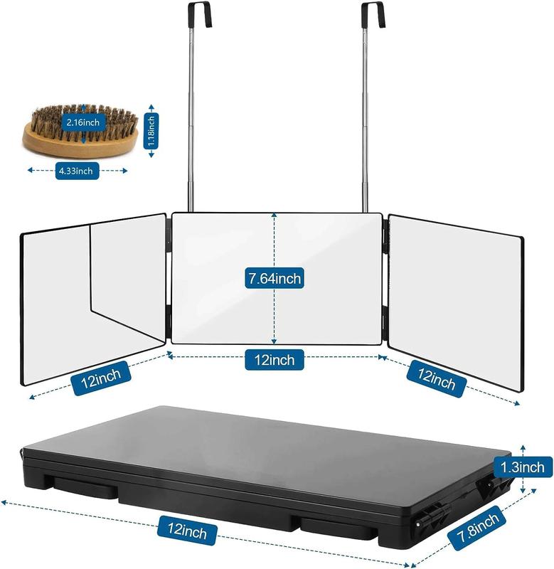 3 Way Trifold Haircut Mirror with Integrated Beard Brush, 360 Mirror for  , Portable for Travel, Bedrooms, Bathroom (Black)