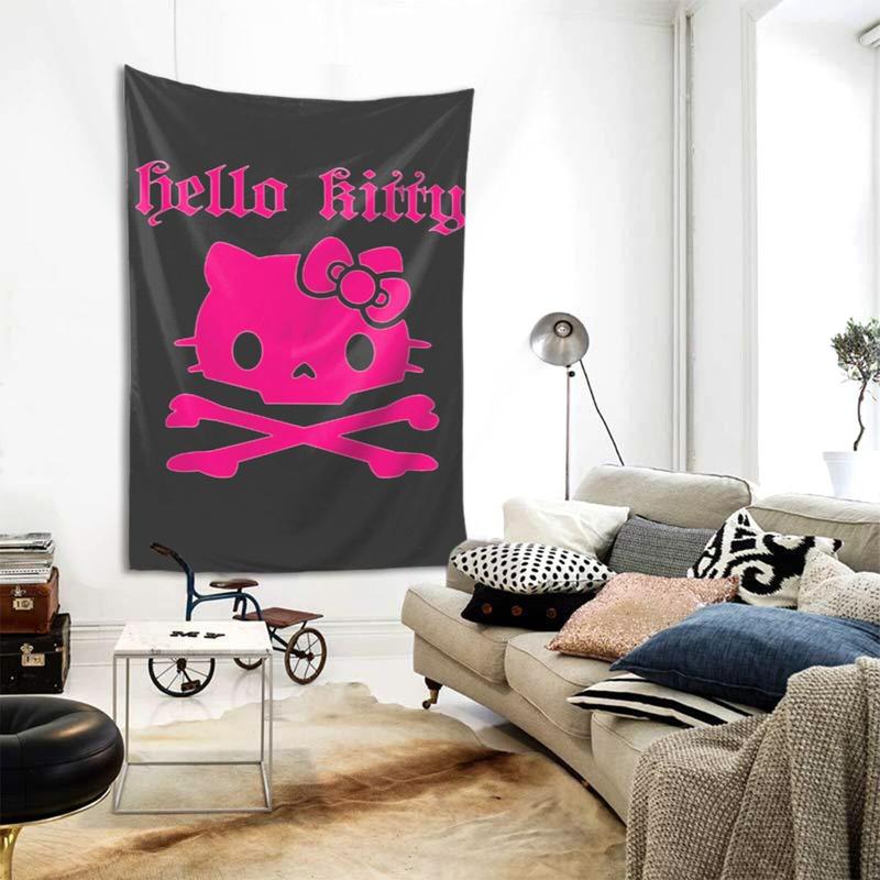 Hello Kitty Halloween Personalized Pink Kitten Skull Tapestry Black and White Skull Gothic Dark Wall Hanging Decorative Tapestry Suitable for Bedroom Aesthetic Alternative Room Decoration Artwork Gift