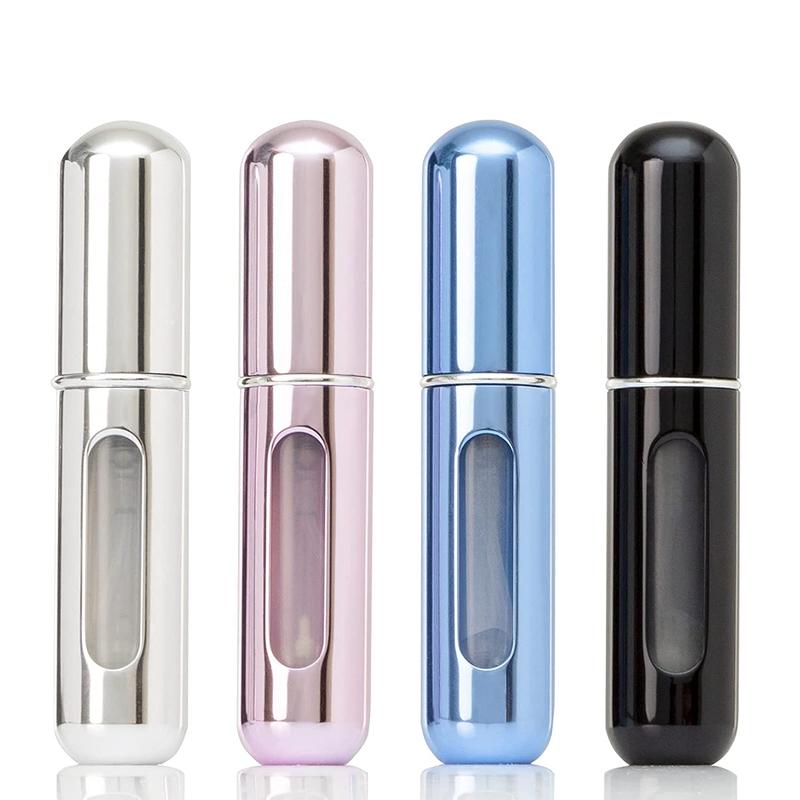 4PCS refillable perfume atomizer bottles, portable with bag, for travel, ideal as cologne dispenser or empty spray container.