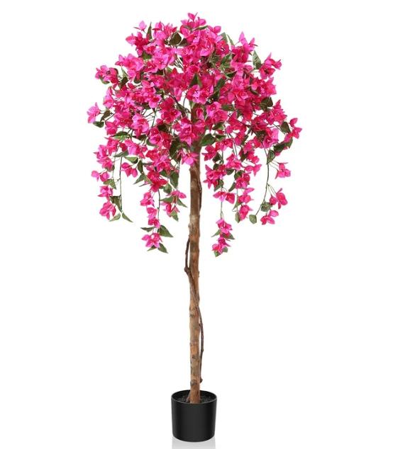 5FT Artificial Bougainvillea Flowers Tree with Wood Branches, Plant in Black Plastic Pot