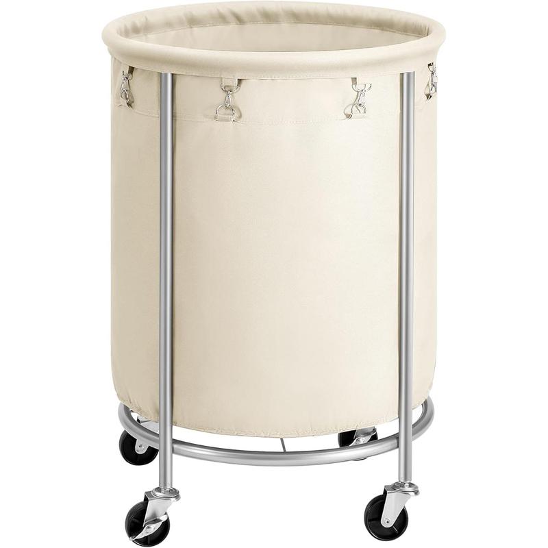 Laundry Basket with Wheels, Rolling Laundry Hamper, 45 Gal., Round Laundry Cart with Steel Frame and Removable Bag, 4 Casters and 2 Brakes, Cream and Silver URLS01MZ