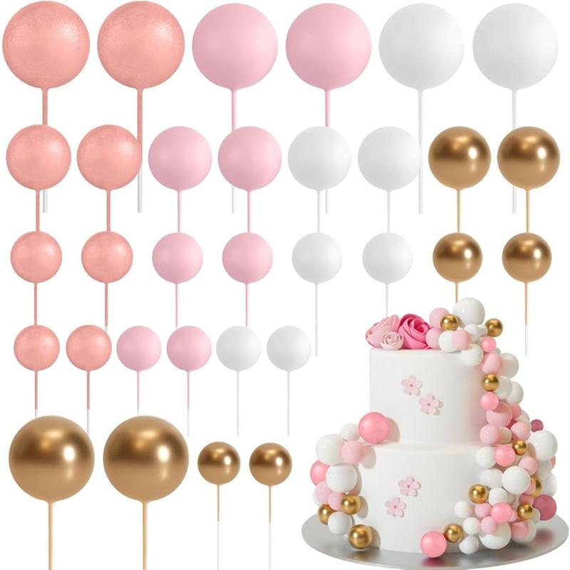 32 Pack Ball Cake Topper Decorations Mini Balloons Cake Topper Sticks Foam Balls Cake Picks Cake Topper Balls Cake Decorations for Wedding Party Birthday Cake Decorations (Rose gold,Pink)