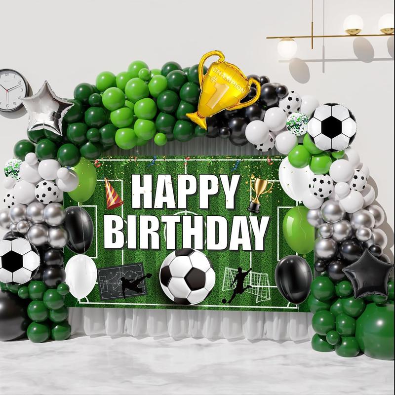 Soccer Party Decorations, 158PCS Soccer Birthday Balloon Garland Arch kit with Large Happy Birthday Backdrop Banner for Soccer Birthday Party Decorations