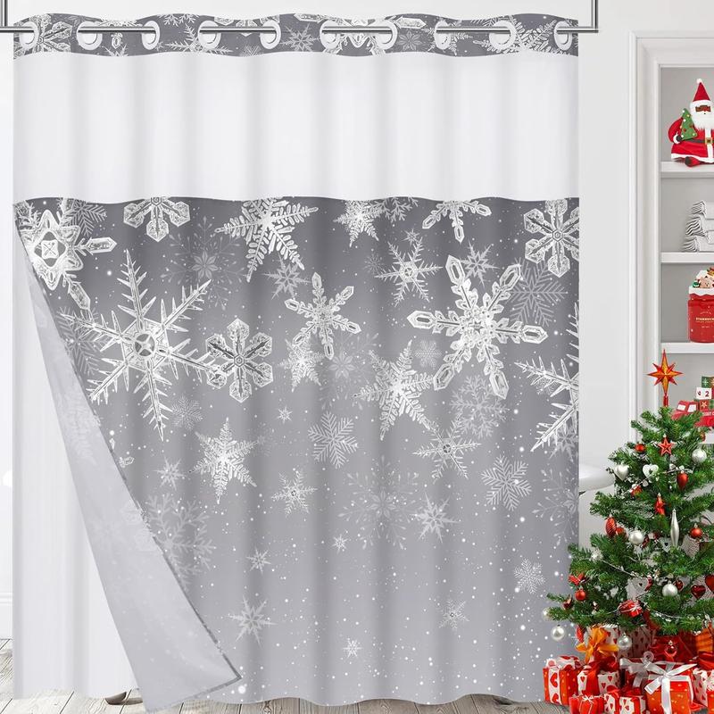 Christmas No Hook Shower Curtain with Snap in Liner, Snowflake Grey Ombre Christmas Shower Curtain Set for Bathroom, Waterproof Hotel Style with See Through Mesh Top Window, 71Wx74H, Grey