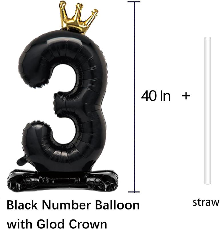 Standing Black Number 3 Balloon with Crown For  3rd Birthday Party Decoration, 40 Inch Number 3 Balloon