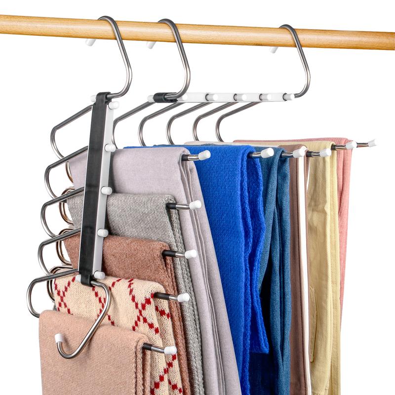 2 Pack Pants Hangers Space Saving Clothes Hanging 5 Layers, Non Slip Pant Hangers for Closet Organizers and Storage, Stainless Steel Jean Hangers Multifunctional Pants Rack for Trouser, Scarf, Skirt