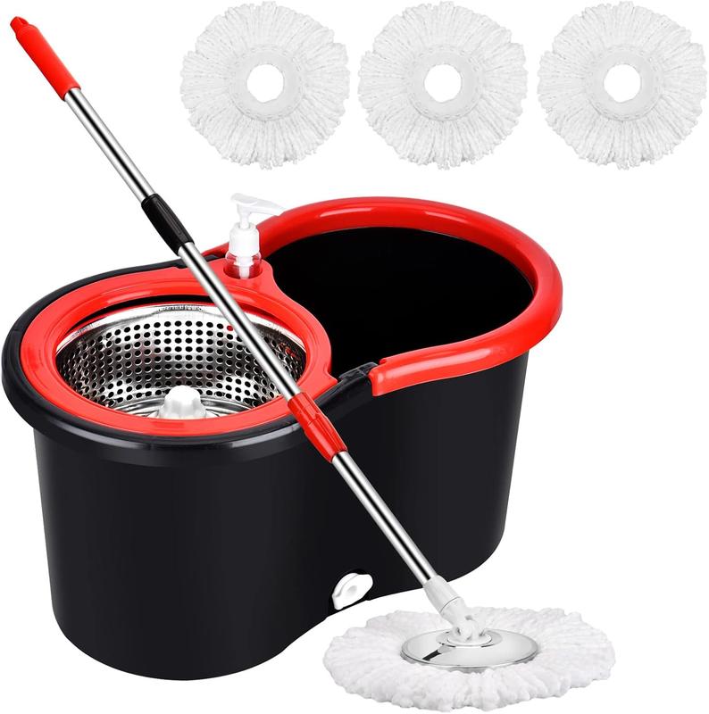 360 Spin Mop and Bucket with 3 Replacement Heads, Stainless Steel Mop Bucket 61 Inch Adjustable Handle for Floor Cleaning