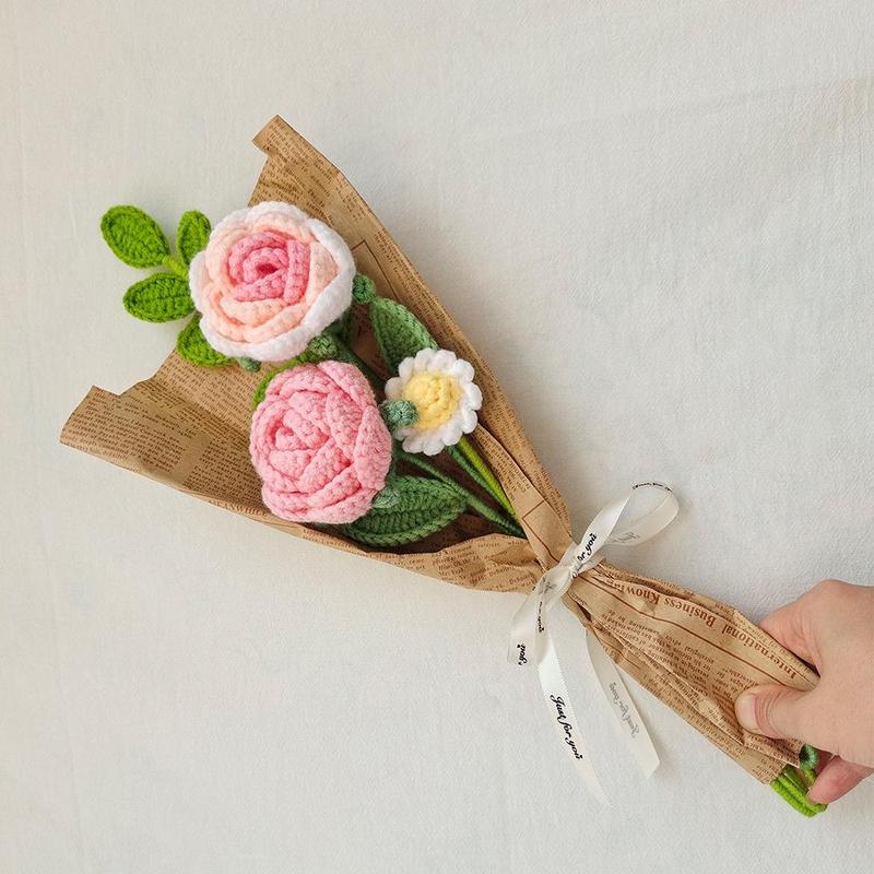 Artificial Crochet Flower Bouquet, Decorative Flower with Gift Bag & Led String Light, Gifts for Her, Birthday Gift Ideas, Summer Essentials