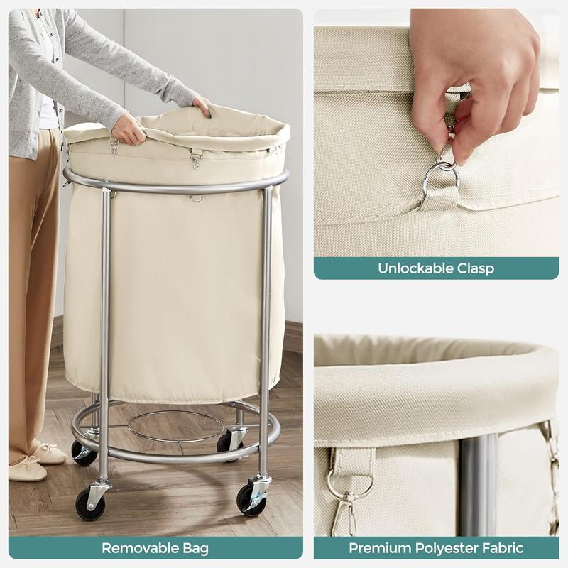 Laundry Basket with Wheels, Rolling Laundry Hamper, 45 Gal., Round Laundry Cart with Steel Frame and Removable Bag, 4 Casters and 2 Brakes, Cream and Silver URLS01MZ