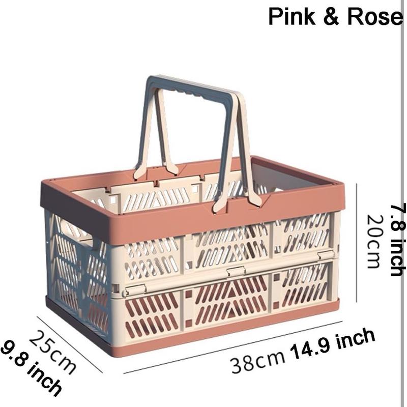 Foldable Handle Storage Crate Bin - 20L Collapsible Plastic Crate Stacking Storage Basket - Pink & Rose M