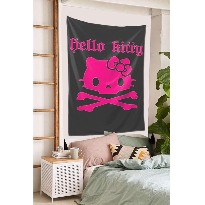 Hello Kitty Halloween Personalized Pink Kitten Skull Tapestry Black and White Skull Gothic Dark Wall Hanging Decorative Tapestry Suitable for Bedroom Aesthetic Alternative Room Decoration Artwork Gift