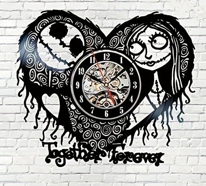 Devil heart pattern vinyl record wall clock, Halloween wall decoration, silent operation