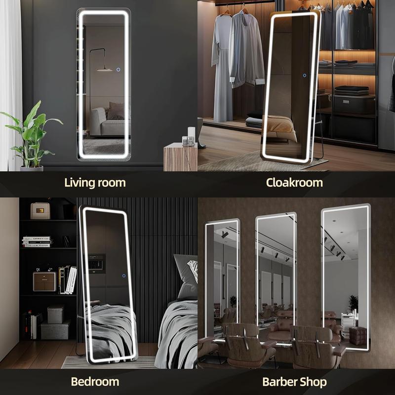 PINKUU LED Full Long Mirror with 3 Color Modes Dimmable Lights Standing Mirror, Wall Mounted Hanging Mirror, For Home Bedroom and Living Room, 64