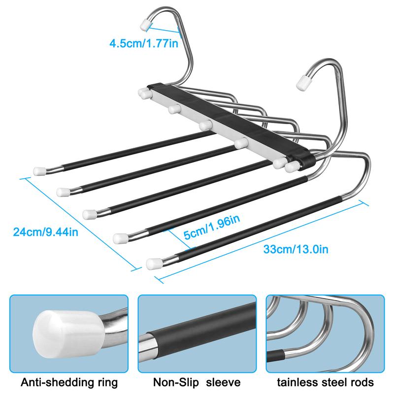 2 Pack Pants Hangers Space Saving Clothes Hanging 5 Layers, Non Slip Pant Hangers for Closet Organizers and Storage, Stainless Steel Jean Hangers Multifunctional Pants Rack for Trouser, Scarf, Skirt