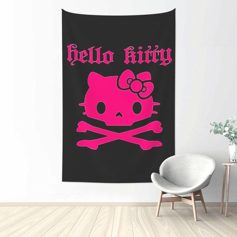 Hello Kitty Halloween Personalized Pink Kitten Skull Tapestry Black and White Skull Gothic Dark Wall Hanging Decorative Tapestry Suitable for Bedroom Aesthetic Alternative Room Decoration Artwork Gift