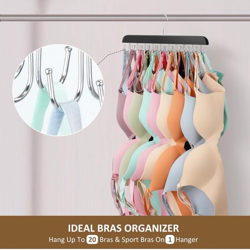 Bra Hanger for Closet, Tank Top Hanger 20 Hooks Capacity, Wood Space Saving Hanger Closet Organizers and Storage for Dorm & Apartment, Black