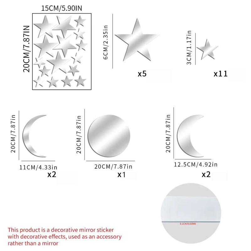 Star & Moon Pattern Mirror Decorative Wall Tiles Sticker, 1 Set Self Adhesive Wall Decor, Decor Sticker for Home Bedroom Living Room