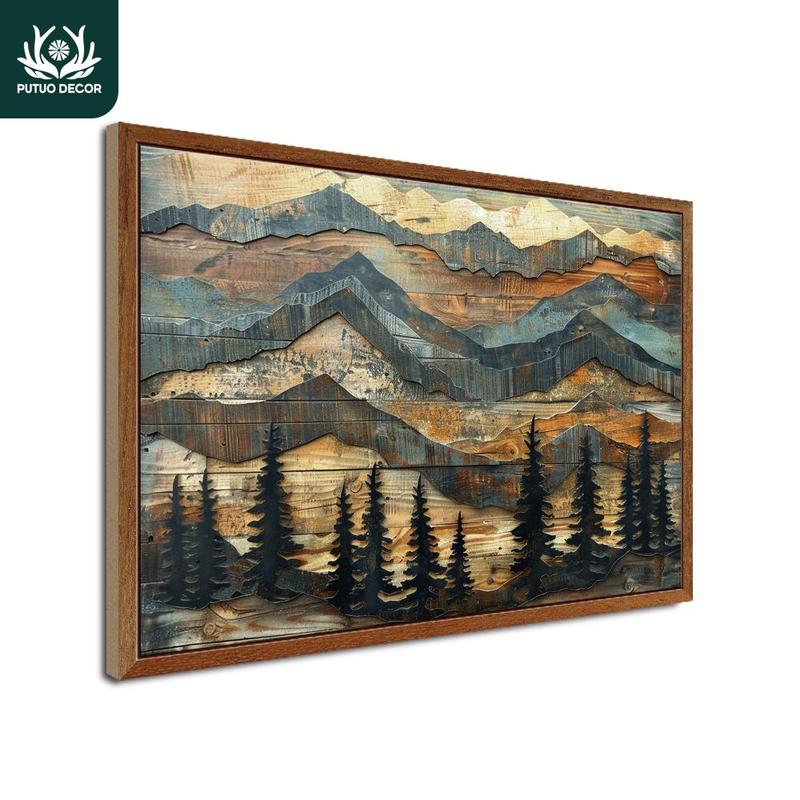 Pine Trees Mountains Element Wooden Painting, Wood Poster Wall Art Decoration, Wall Decor for Home Farmhouse Living Room Office Studio Cafe Bar Pub Club