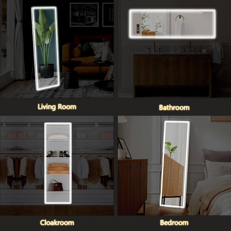 PINKUU LED Full Long Mirror with 3 Color Modes Dimmable Lights Standing Mirror, Wall Mounted Hanging Mirror, For Home Bedroom and Living Room, 64