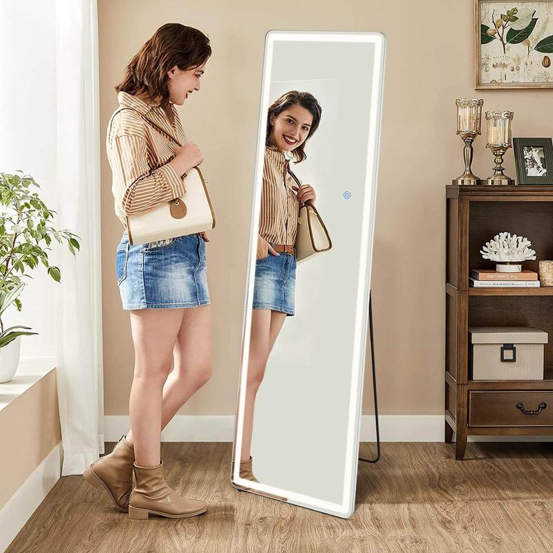 PINKUU LED Full Long Mirror with 3 Color Modes Dimmable Lights Standing Mirror, Wall Mounted Hanging Mirror, For Home Bedroom and Living Room, 64