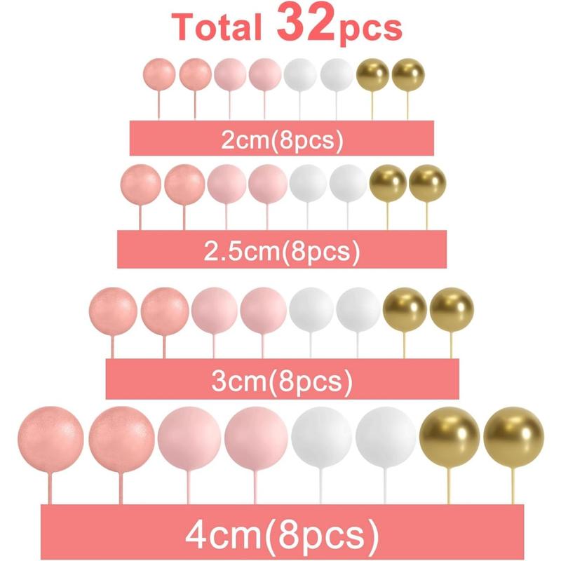 32 Pack Ball Cake Topper Decorations Mini Balloons Cake Topper Sticks Foam Balls Cake Picks Cake Topper Balls Cake Decorations for Wedding Party Birthday Cake Decorations (Rose gold,Pink)