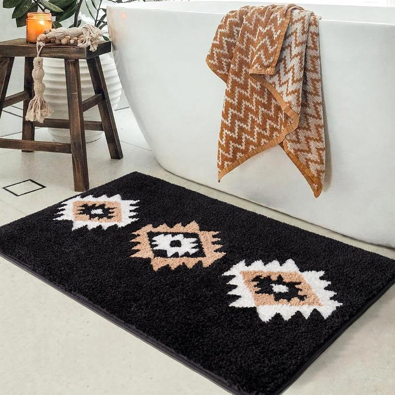 Boho Bathroom Rugs Black Aztec Bath Mat Non Slip Western Geometric Bath Rug Luxury Soft Absorbent Carpet for Bathroom Shower Kitchen Entryway Farmhouse Modern Decor 20x32