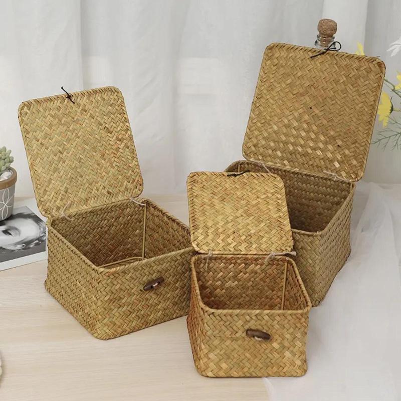 Rattan Storage Box with Lid, 1 Count Vintage Storage Box, Retro Home Organizer for Living Room Bedroom Dining Room Study Room