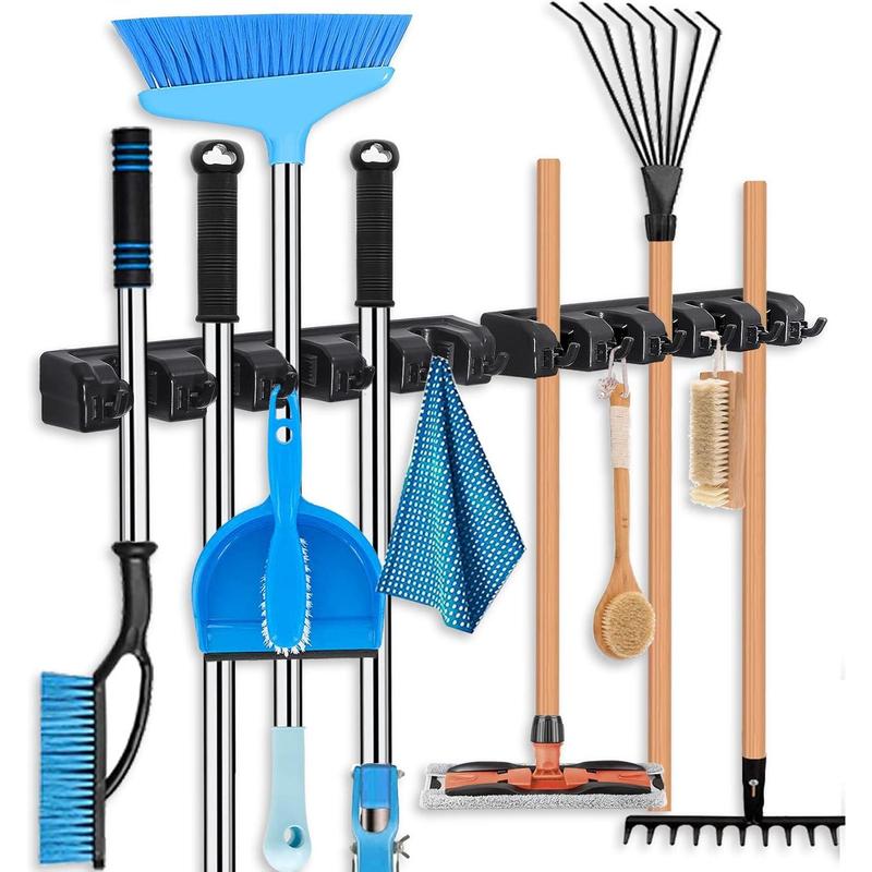 Wall Mount Broom Mop Holder Hanger Garden Tool Organizers Rack Garage Laundry Room Organizations and Storage with Hooks Heavy Duty Steel Installation