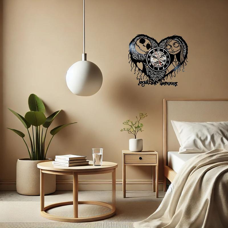 Devil heart pattern vinyl record wall clock, Halloween wall decoration, silent operation