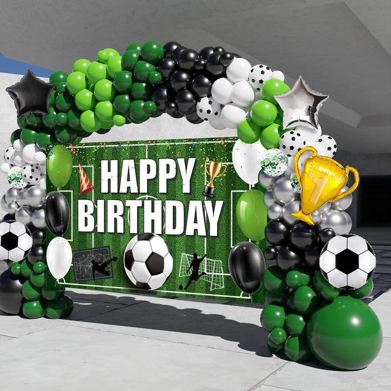 Soccer Party Decorations, 158PCS Soccer Birthday Balloon Garland Arch kit with Large Happy Birthday Backdrop Banner for Soccer Birthday Party Decorations