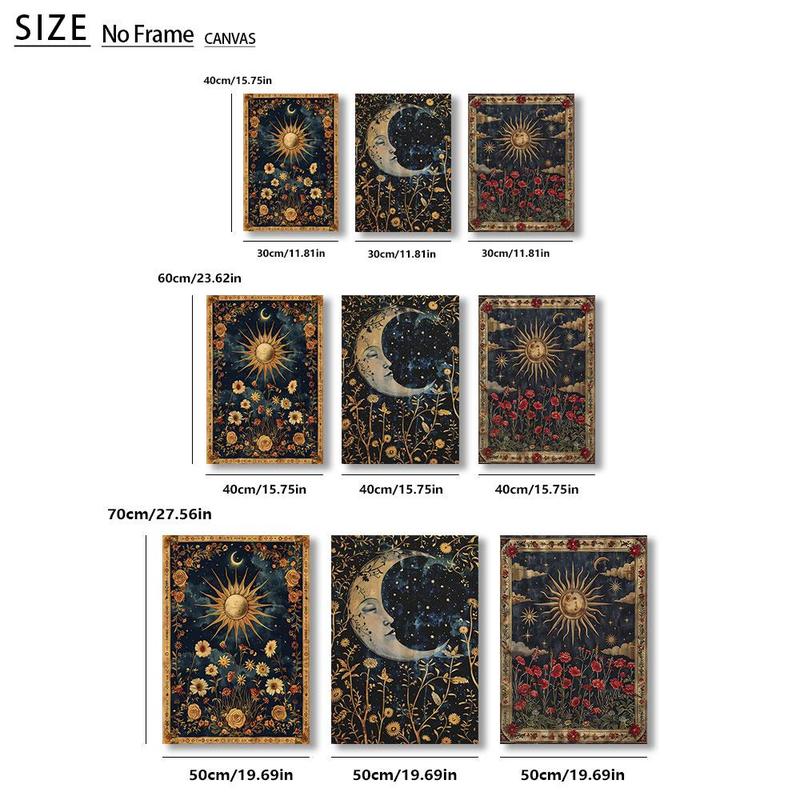 Vintage Floral Style Canvas Painting without Frame, 3 Counts set Sun & Moon & Starry Sky Pattern Wall Art, Wall Decor for Home Living Room Bedroom,  Wall Art Painting Fall Porch Decor