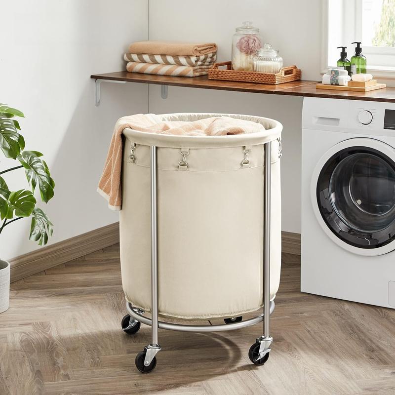 Laundry Basket with Wheels, Rolling Laundry Hamper, 45 Gal., Round Laundry Cart with Steel Frame and Removable Bag, 4 Casters and 2 Brakes, Cream and Silver URLS01MZ