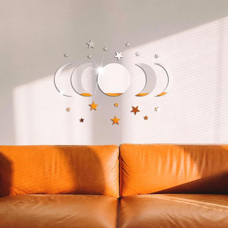 Star & Moon Pattern Mirror Decorative Wall Tiles Sticker, 1 Set Self Adhesive Wall Decor, Decor Sticker for Home Bedroom Living Room