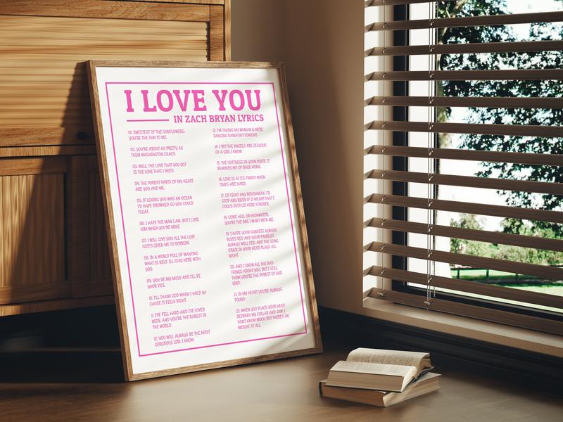 Zach Wall Art Printable, I Love You in Zach Lyrics Poster, Bryan Coastal Cowgirl Poster, Bryan Tour Merch, Pink West Gallery Wall