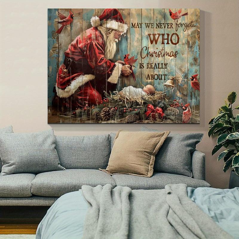 Christmas Wall Art Kneeling Santa Praying for a Baby Christ Canvas Pictures Baby Jesus Canvas Wall Art Birth of Jesus Wall Decor Red Cardinal Baby Jesus Poster Never Forget Who Christmas -Frameless