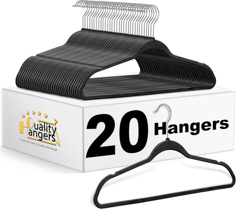 [All black or Multi-color random] Quality Hangers 20 Pack Plastic Hangers for Clothes - Slim Non-Velvet Hangers with 360° Swivel Chrome Hook & Non Slip Notches - Ideal for Dresses Coats Shirts Jackets & More