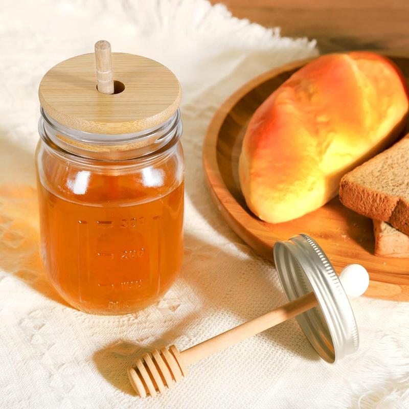 16oz Glass Honey Jar with Dipper,Honey Container with Wooden Honey Dipper,Honey Jars with Lids,Honey Pot Ideal for Honey and Syrup